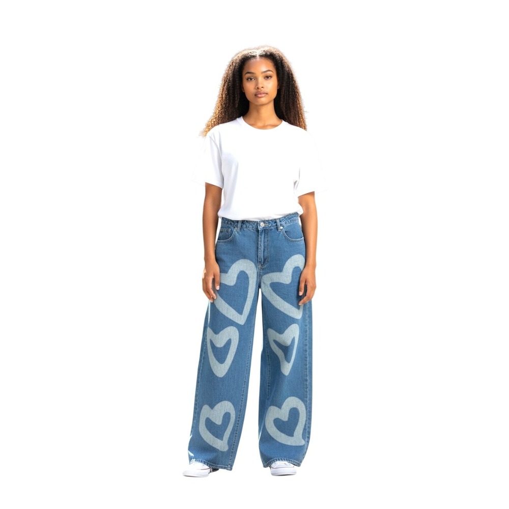 SHEIN Womens‎ Heart Print Wide Leg Denim Jeans Blue Size L